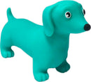 A vibrant turquoise dog toy resembling a dachshund, made of soft material with large googly eyes and a black nose. Perfect for playtime and stress relief.