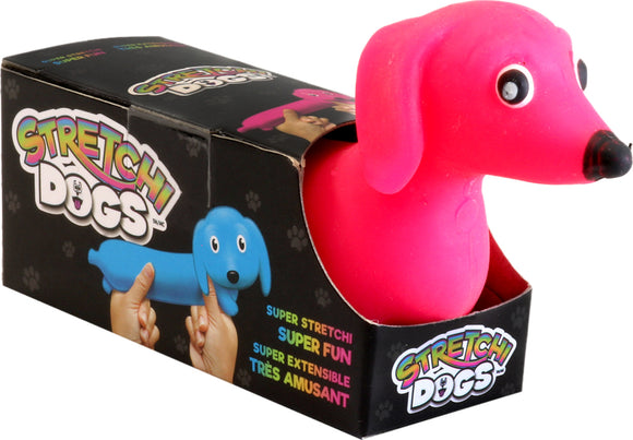 Stretchi Dogs are colorful and super stretchy toys featuring a playful pink dog with a smiling face. The product packaging showcases a blue stretchy dog being held in one hand, emphasizing its fun and flexible design. It's ideal for kids and adults alike who enjoy fun fidget toys.