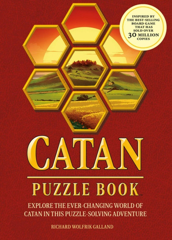Catan Puzzle Book cover featuring vibrant hexagonal designs representing landscapes. The title 'Catan Puzzle Book' is prominently displayed in bold letters, with a subtitle encouraging exploration in a puzzle-solving adventure.