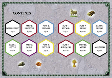Contents page of the Catan Puzzle Book featuring hexagonal sections titled Introduction, Discover, Explore, Settle, Build, Develop, Expand, Trade, Defend, Establish, Aspire, and Solutions, with corresponding page numbers listed. Each section is accompanied by thematic icons related to Catan.