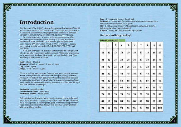 The Catan Puzzle Book offers a fun and challenging way to engage in puzzle solving based on the popular board game. Inside, players navigate through a series of intriguing challenges to earn resources as they work to develop their settlements. The introduction outlines how to solve puzzles while tracking resources and achievements, with grids for marking completed puzzles. Perfect for fans of Catan looking for a new way to enjoy their favorite game.