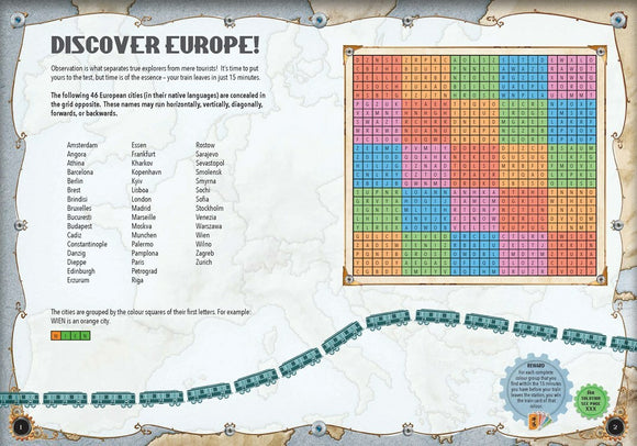 The Ticket to Ride Puzzle Book features a colorful 'Discover Europe!' puzzle with a grid filled with European city names. The background showcases a map with train illustrations, creating a travel-themed learning experience.