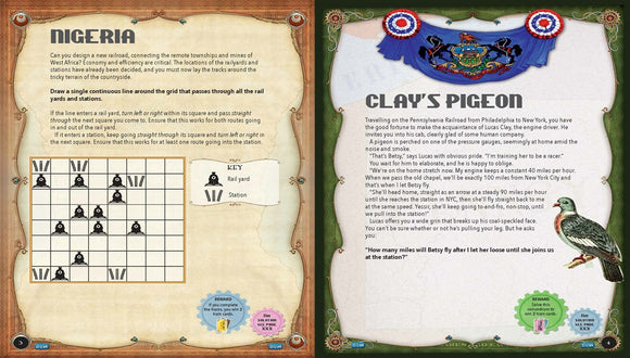 Cover of the Ticket to Ride Puzzle Book featuring engaging railway-themed challenges. The left page displays a grid puzzle with instructions on designing a railroad in Nigeria, while the right page tells a story about a journey on the Pennsylvania Railroad, highlighting a character named Lucas Clay and his pigeon Betsy. The book combines puzzles with narrative elements, encouraging creative problem-solving and storytelling.
