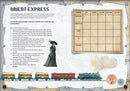 The 'Ticket to Ride Puzzle Book' features intricate puzzles related to the famous Orient Express. The page displays a narrative about a journey across Europe, with a table to fill in passenger details, professions, and travel distances. Emanating an adventurous vibe, it invites puzzle enthusiasts to piece together a mysterious story while enjoying visual illustrations of the train and its carriages.