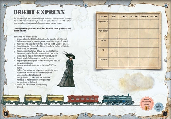 The 'Ticket to Ride Puzzle Book' features intricate puzzles related to the famous Orient Express. The page displays a narrative about a journey across Europe, with a table to fill in passenger details, professions, and travel distances. Emanating an adventurous vibe, it invites puzzle enthusiasts to piece together a mysterious story while enjoying visual illustrations of the train and its carriages.