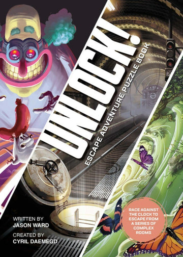 Cover of 'Unlock! Escape Adventure Puzzle' illustrated by Cyril Daemegd. Features vibrant artwork depicting various scenes and characters. The title is prominent, with a subtitle emphasizing the challenge of escaping from complex rooms. There are elements of adventure and excitement in the design.