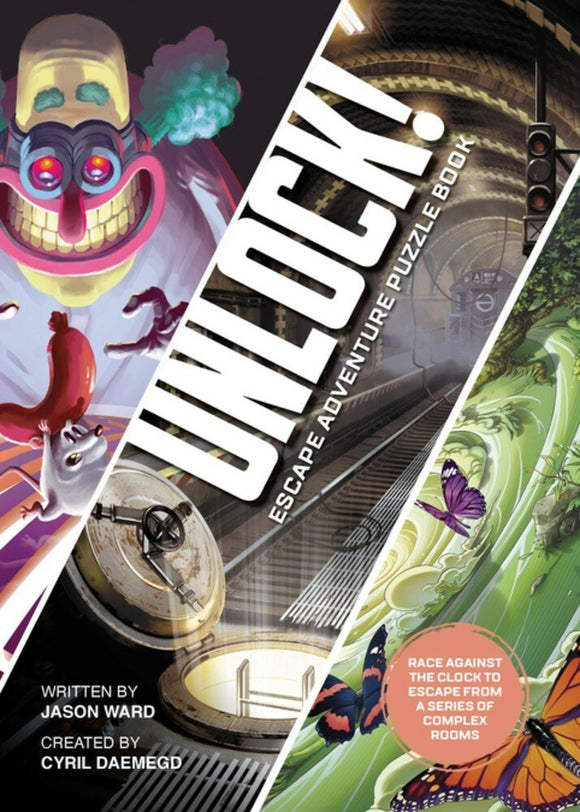 Cover of 'Unlock! Escape Adventure Puzzle' illustrated by Cyril Daemegd. Features vibrant artwork depicting various scenes and characters. The title is prominent, with a subtitle emphasizing the challenge of escaping from complex rooms. There are elements of adventure and excitement in the design.