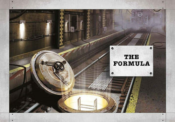 The cover of the Unlock! Escape Adventure Puzzle by Welbeck Publishing. It features a dimly lit underground scene with a rusted circular hatch. A ladder is visible descending into a bright circular opening, and a sign labeled 'THE FORMULA' is attached to a wall. The atmosphere suggests mystery and adventure, ideal for puzzle enthusiasts.