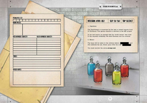 Unlock! Escape Adventure Puzzle by Welbeck Publishing features a mysterious mission briefing with top secret details. The image showcases colorful potion bottles alongside a faded mission document that includes objectives and notes for the team. This interactive adventure engages players in a thrilling escape room-like experience, combining storytelling with puzzle-solving elements.