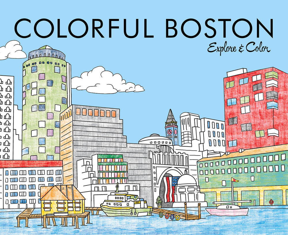 Colorful Boston Explore & Color is a vibrant coloring book featuring a stunning illustration of Boston's skyline. The image showcases iconic buildings, including a clock tower and colorful high-rises alongside the waterfront. Perfect for art enthusiasts, the book invites users to bring the cityscape to life with their creativity.