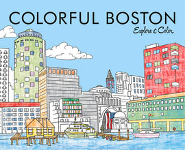 Colorful Boston Explore & Color is a vibrant coloring book featuring a stunning illustration of Boston's skyline. The image showcases iconic buildings, including a clock tower and colorful high-rises alongside the waterfront. Perfect for art enthusiasts, the book invites users to bring the cityscape to life with their creativity.
