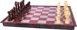 A wooden magnetic chess set featuring an 11-inch foldable board. The board showcases alternating squares in classic red and light wood colors. On one side, there are intricately carved dark wood chess pieces, and on the opposite side, light yellow pieces. The magnetic feature ensures secure piece placement during play.