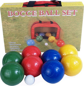 A colorful bocce ball set displayed with a carrying bag. The set includes various colored balls in red, blue, green, yellow, and a white pallino ball. The bag is red and features a mesh section showing additional balls inside. A box with 'Bocce Ball Set' printed on it is visible in the background, outlining the game's components and instructions.