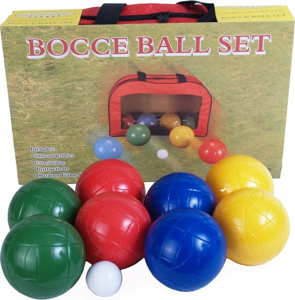 A colorful bocce ball set displayed with a carrying bag. The set includes various colored balls in red, blue, green, yellow, and a white pallino ball. The bag is red and features a mesh section showing additional balls inside. A box with 'Bocce Ball Set' printed on it is visible in the background, outlining the game's components and instructions.