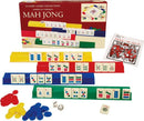 The Mah Jongg American Travel game by John N. Hansen Co. Inc. features colorful tiles and racks in blue, red, green, and yellow. The set includes playing pieces, a rulebook, and two dice, all presented in a vibrant box labeled 'Classic Game Collection American Version'.