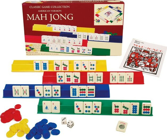 The Mah Jongg American Travel game by John N. Hansen Co. Inc. features colorful tiles and racks in blue, red, green, and yellow. The set includes playing pieces, a rulebook, and two dice, all presented in a vibrant box labeled 'Classic Game Collection American Version'.