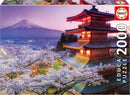 Educa jigsaw puzzle titled 'MOUNT FUJI; JAPAN'. The image features a stunning view of Mount Fuji with cherry blossoms in the foreground and a traditional Japanese pagoda, showcasing vibrant colors during sunset.