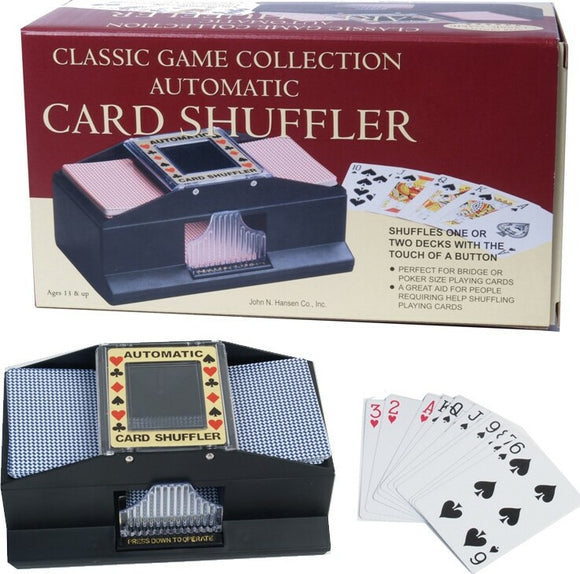 Automatic Card Shuffler by John N. Hansen Co. Inc. designed to shuffle one or two decks of playing cards with the touch of a button. The shuffler features a sleek black design with a user-friendly interface and is accompanied by a pack of playing cards. Perfect for games like Bridge or Poker, it simplifies the card shuffling process, making it ideal for users needing assistance.