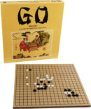 Go Set W/Wood Board by John N. Hansen Co. Inc. features a classic Go board game with a wooden playing surface and black and white stones. The vibrant yellow box showcases traditional artwork depicting players engaged in the game, emphasizing its strategic and cultural significance.