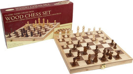Folding 15-inch chess board featuring hand-carved Staunton chess pieces. The board has a classic checkered pattern with light and dark squares, and the king piece stands at 3 inches tall. Ideal for both beginners and experienced players, this set comes in a durable wood cabinet for easy storage.