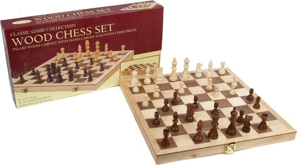 Folding 15-inch chess board featuring hand-carved Staunton chess pieces. The board has a classic checkered pattern with light and dark squares, and the king piece stands at 3 inches tall. Ideal for both beginners and experienced players, this set comes in a durable wood cabinet for easy storage.