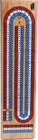Cribbage board featuring a 3 track design in vibrant colors. The board displays alternating red and blue tracks with pegs for scoring. Its wooden finish adds a classic touch, ideal for family game nights and gatherings.