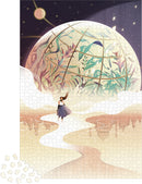 Earth Dreams Puzzle by Juratoys, featuring a whimsical jigsaw illustration. A serene scene with a girl in a flowing dress walking along a winding path, surrounded by a transparent dome filled with vibrant greenery under a starry sky with a glowing sun. The puzzle pieces show intricate details of the landscape and figure, inviting an immersive and thoughtful experience.