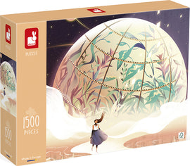 Earth Dreams Puzzle by Juratoys featuring an enchanting design of a girl in a flowing dress standing in a dreamy landscape with a glass-like dome filled with lush greenery. The box contains 1500 pieces, perfect for puzzle enthusiasts. Ideal for family fun or personal relaxation.