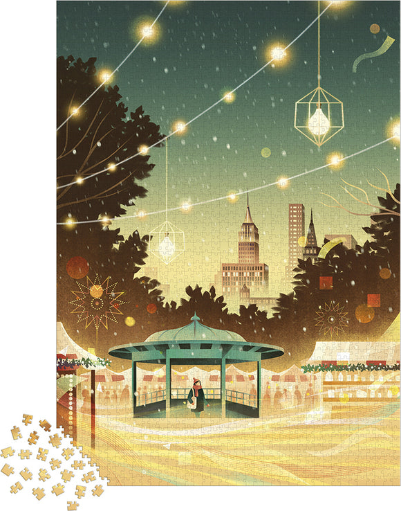 A vibrant jigsaw puzzle depicting a serene scene of New York City at dusk. Features a beautifully illuminated gazebo in a park with city skyscrapers in the background, twinkling lights strung overhead, and festive decorations, inviting a sense of warmth and nostalgia. Puzzle pieces scattered nearby.