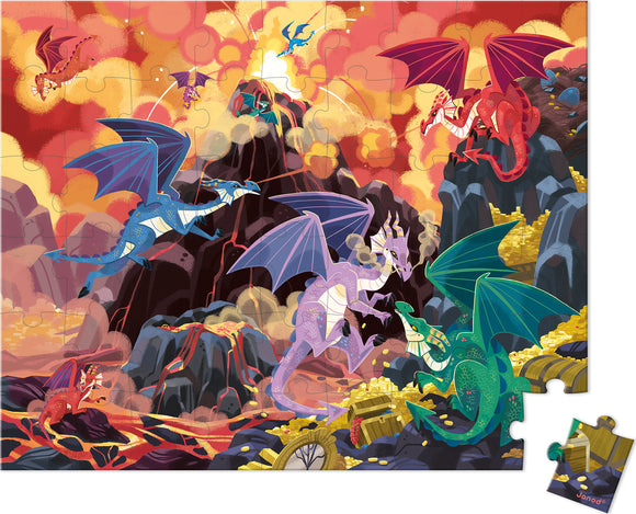 A colorful jigsaw puzzle depicting an action-packed scene with vibrant dragons flying above a volcanic landscape filled with gold treasures and smoke. The artwork features various dragon species in shades of blue, green, red, and purple, emphasizing their dynamic poses and majestic wings. The puzzle showcases a fiery background with molten lava and rocky terrain, ideal for imaginative play.