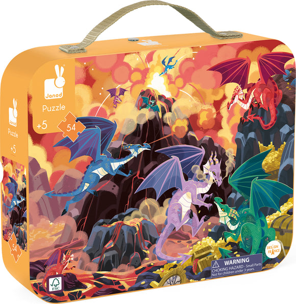 A vibrant jigsaw puzzle by Janod featuring fiery dragons in a volcanic landscape. The colorful box shows dynamic dragons in various colors and poses, surrounded by rocky mountains and treasures, perfect for children aged 5 and up.