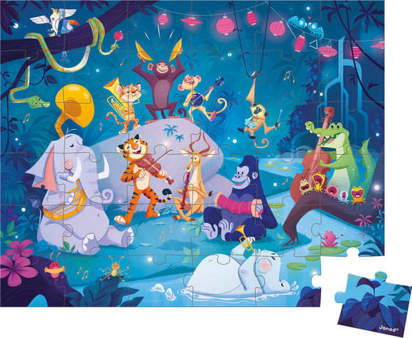 A vibrant jigsaw puzzle featuring a colorful scene of various animals, including a monkey, elephant, tiger, and crocodile, playing musical instruments in a lush, enchanted forest. The background is filled with trees, lanterns, and a blue water stream, creating a festive atmosphere that captures joy and celebration.