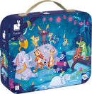 Colorful jigsaw puzzle designed for children aged 4 and up, featuring a vibrant illustration of animals playing musical instruments in a jungle setting. The puzzle is contained in a sturdy, portable case with a handle, making it easy to store and transport. It includes 36 pieces, perfect for developing fine motor skills and problem-solving abilities in young children.