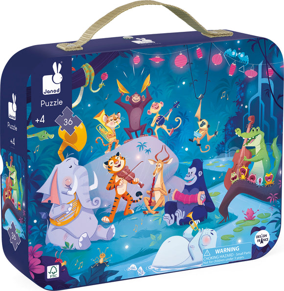 Colorful jigsaw puzzle designed for children aged 4 and up, featuring a vibrant illustration of animals playing musical instruments in a jungle setting. The puzzle is contained in a sturdy, portable case with a handle, making it easy to store and transport. It includes 36 pieces, perfect for developing fine motor skills and problem-solving abilities in young children.