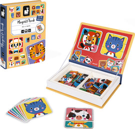 The Mix & Match Magneti' Book by Juratoys features colorful magnetic pieces and playful animal designs. The book opens to reveal a neat storage compartment for the magnetic pieces, which can be used to create various animal combinations. This engaging product is perfect for children aged 3 to 8, combining fun and creativity in an interactive play experience.