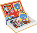 The Mix & Match Magneti' Book by Juratoys features a colorful, interactive game box containing various animal puzzle pieces. The cover displays cheerful cartoon animal faces with bright patterns. Inside, the pieces are neatly organized, promoting creativity and problem-solving for children, as they mix and match different animal designs.