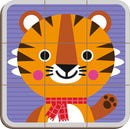 Colorful Mix & Match Magneti' Book by Juratoys featuring a cheerful tiger character. The jigsaw puzzle pieces create a vibrant image of a tiger with a scarf, perfect for engaging young minds.