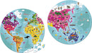 A vibrant double-sided jigsaw puzzle featuring a world map, showcasing various continents and regions illustrated with playful characters, animals, and landmarks. One side depicts the Americas with colorful images, while the other side features Asia and Australia, complete with diverse marine life and cultural elements. The puzzle pieces are made of sturdy material, suitable for children and families to enjoy together.