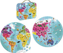 The World Round Puzzle by Juratoys features a colorful double-sided jigsaw design showcasing illustrated maps of continents with animals, landmarks, and cultural elements. The puzzle is presented in a vibrant carrying case with a handle, making it ideal for kids and families. One side highlights North and South America, while the other displays Asia and Australia, encouraging exploration and learning in a fun and interactive way.