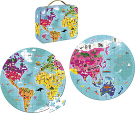 The World Round Puzzle by Juratoys features a colorful double-sided jigsaw design showcasing illustrated maps of continents with animals, landmarks, and cultural elements. The puzzle is presented in a vibrant carrying case with a handle, making it ideal for kids and families. One side highlights North and South America, while the other displays Asia and Australia, encouraging exploration and learning in a fun and interactive way.