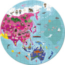 The World Round Puzzle by Juratoys, featuring a colorful and whimsical illustration of the continents, animals, and cultures around the globe. This double-sided jigsaw puzzle showcases vibrant scenes of Asia, Australia, and various nautical elements in a circular format, making it engaging and educational for children.