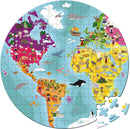 The World Round Puzzle by Juratoys features a colorful jigsaw design of a world map. The circular puzzle showcases various regions of the world with vibrant illustrations of flora, fauna, and cultural elements, promoting education and engagement for all ages.