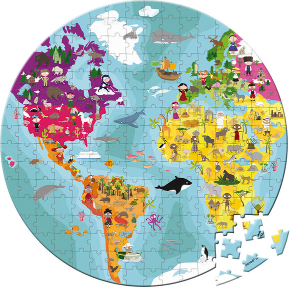The World Round Puzzle by Juratoys features a colorful jigsaw design of a world map. The circular puzzle showcases various regions of the world with vibrant illustrations of flora, fauna, and cultural elements, promoting education and engagement for all ages.