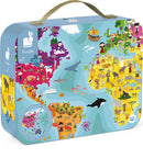 The World Round Puzzle by Juratoys is a vibrant, double-sided jigsaw puzzle featuring illustrations of global landmarks, animals, and cultural elements. The puzzle comes in a colorful carrying case, perfect for ages 7 and up, which highlights the playful design of the puzzle and its engaging imagery from around the world.