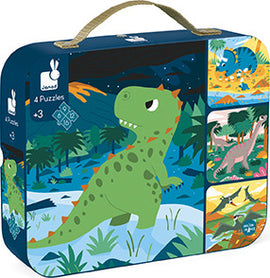 The Dinosaurs 4 Puzzles by Juratoys, featuring a vibrant carry case adorned with cartoon dinosaur illustrations. The packaging includes four distinctive jigsaw puzzles, designed for ages 3 and up, showcasing friendly dinosaurs in colorful prehistoric landscapes.