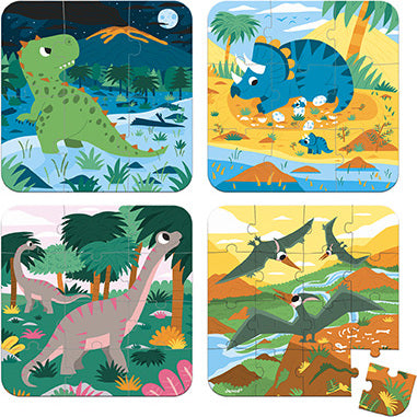 Four colorful jigsaw puzzles featuring dinosaurs in various vibrant scenes. The first depicts a friendly green dinosaur standing in a lush environment under a moonlit sky. The second image shows a playful Triceratops with its young in a warm, sunny setting. The third puzzle features a long-necked dinosaur surrounded by tropical vegetation, while the fourth showcases flying pterosaurs over a scenic river. Each puzzle is designed to engage children's creativity and learning.
