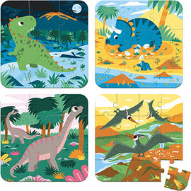 Four colorful jigsaw puzzles featuring dinosaurs in various vibrant scenes. The first depicts a friendly green dinosaur standing in a lush environment under a moonlit sky. The second image shows a playful Triceratops with its young in a warm, sunny setting. The third puzzle features a long-necked dinosaur surrounded by tropical vegetation, while the fourth showcases flying pterosaurs over a scenic river. Each puzzle is designed to engage children's creativity and learning.