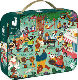 A colorful jigsaw puzzle titled 'Family Bears' by Juratoys, featuring a vibrant illustration of bears engaged in various activities in a forest setting. The puzzle comes in a convenient carrying case with a handle, designed for children aged 5 and up. It contains 54 pieces, encouraging creativity and problem-solving skills while providing hours of fun for families.