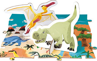 Colorful 3D jigsaw puzzle featuring dinosaurs in a prehistoric landscape. Includes vibrant cut-out pieces of different dinosaur species such as a Pterodactyl and a T-Rex, set against a playful backdrop with trees and mountains. Ideal for children to enhance creativity and problem-solving skills while having fun assembling this vivid scene.