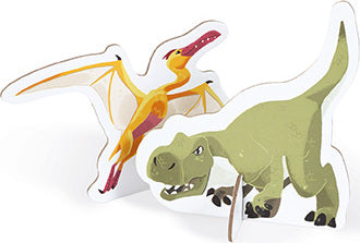 A colorful 3D jigsaw puzzle featuring two dinosaurs: a Tyrannosaurus Rex and a Pterosaur. The puzzle pieces are depicted in vibrant colors, designed for children to assemble and explore.
